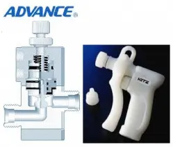 Two images, one of an Advance Valve, one of a white spray gun with the KITZ logo